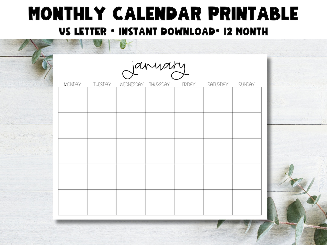 12 Month Printable Calendar | Elegant | Monday-start | Minimalist ...