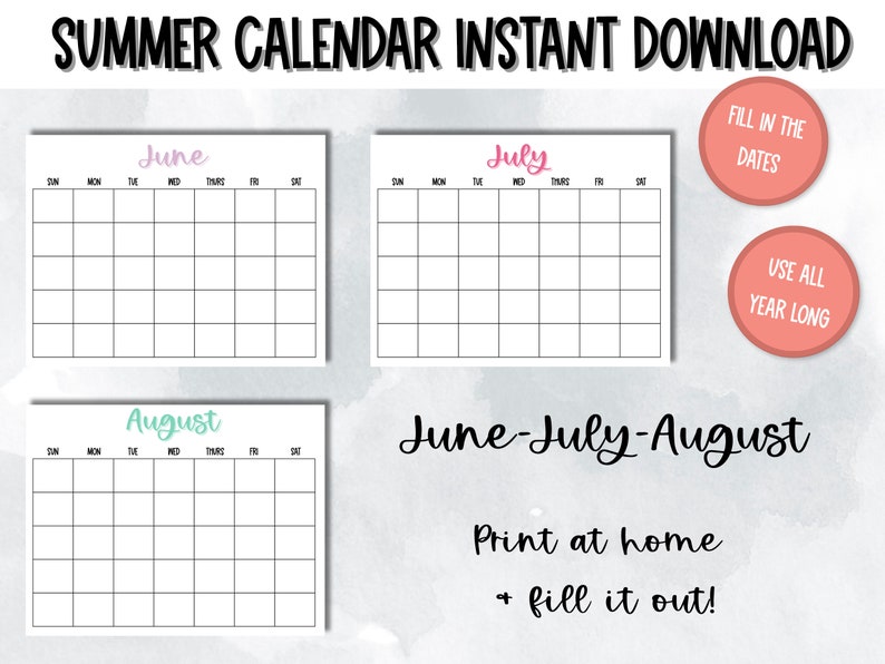 Printable Summer Calendar | Instant Download - Etsy