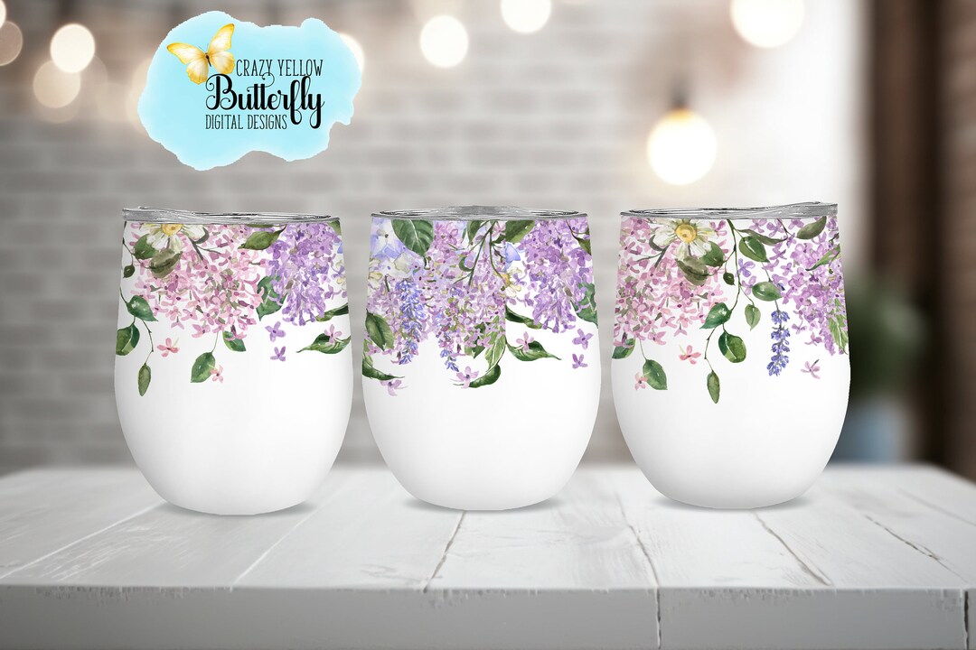 12 Oz Purple Floral Wine Tumbler Wrap, Wine Tumbler Png, Wine Tumbler Template, Digital Download