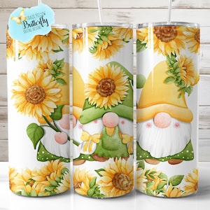 Whimsical Gnome Trio: Sunflower Border 20 oz Tumbler Wrap, sunflower gnomes png