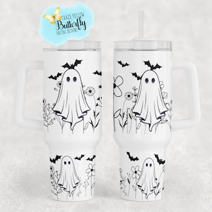Ghosts, Wildflower and Bat Design - Black and White 40 oz Tumbler Wrap for Gothic Ghost Lovers, 40 oz tumbler wrap png