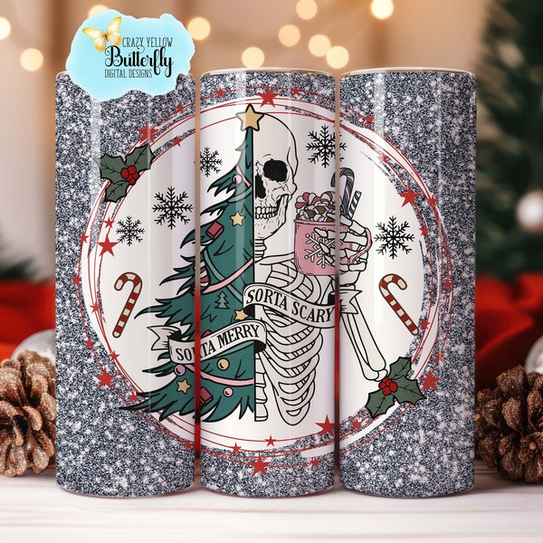 Sorta Scary Sorta Merry 20 oz tumbler wrap, Christmas skeleton tumbler wrap png, digital download