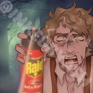 May include: Illustration of a person with a terrified expression, holding a can of Raid Ant & Roach spray. The can is red with yellow lettering. The background is a blurred forest scene.