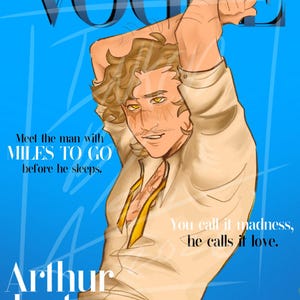 Puede incluir: Ilustración de arte digital de una portada de revista con la palabra "VOGUE" en letras grandes. La portada presenta una ilustración estilizada de una persona con el texto "Arthur Lester" y citas. El fondo es azul.