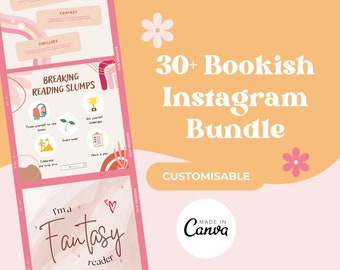 May include: A pink and orange graphic design with the text "30+ Bookish Instagram Bundle" and "Customisable" in white text. The graphic also includes a pink flower and the text "Made in Canva".