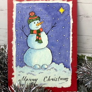 Glücklicher Schneemann, 5x7 Weihnachtskarte, Handgemalte Karte, Karte im Vintage-Stil, Frohe Weihnachten.