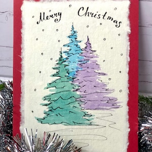 5x7 Handgemachte Weihnachtskarte, Vintage Stil Weihnachtskarte, Tannenbäume, Winterwald, Karten mit Umschlägen.