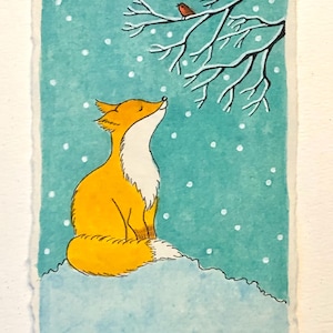 A Fox and a Bird, Winter Fox, 4x6 Watercolor Painting, Christmas Decor