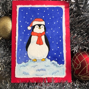 Pinguim na Neve, Cartão de Natal 5x7, Cartão pintado à mão, Cartão estilo vintage.