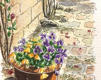 Una maceta de pensamientos, impresión de 4 x 6, acuarela, jardín de flores.