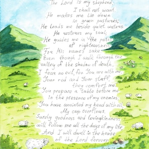 Psalm 23, The Lord is my Shepherd, Bible Verses, Inspirational Quotes Illustration, 9x12 Watercolor Print.