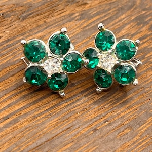 Art Deco silver with green and white crystal clip on earrings stamped with STER. PAT 1967965