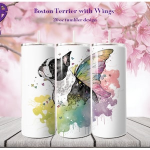 Rainbow Angel Boston Terrier 20 oz Skinny Tumbler Sublimation Design, Straight Tumbler Wrap, Instant Digital Download PNG, JPG, SVG