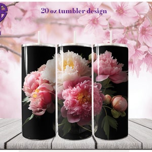 Peonies 3D 20 oz Skinny Tumbler Sublimation Design, Straight Tumbler Wrap, Instant Digital Download PNG, JPG, SVG
