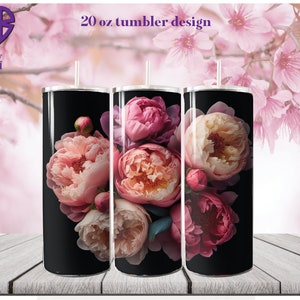 Peonies 3D 20 oz Skinny Tumbler Sublimation Design, Straight Tumbler Wrap, Instant Digital Download PNG, JPG, SVG