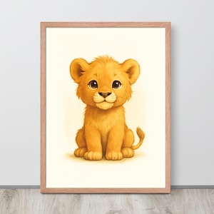 Framed Baby Lion Print: Safari Nursery Wall Art