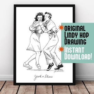 Lindy Hop Art / Digital Download / Swing Dance Print / Couple Dancing Illustration / 1940s Old Hollywood Vintage Clip Art / Jazz Music