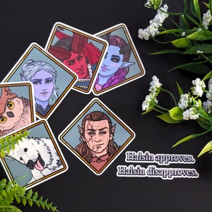 Pegatinas de vinilo impermeables para compañeros y PNJ de Baldur's Gate 3: Halsin, Minthara, Alfira y Raphael "Aprobar/Desaprobar" + ¡Scratch y Owlbear!