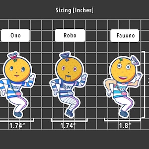 May include: Three cartoon orange characters with different names, Ono, Robo, and Fauxno, are shown on a grid with measurements in inches. The characters are all wearing blue and white striped shirts, white pants, and a blue and white bag. The characters are all 3 inches tall and are 1.74 inches wide, except for Fauxno, who is 1.8 inches wide.
