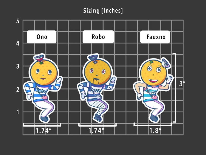 May include: Three cartoon orange characters with different names, Ono, Robo, and Fauxno, are shown on a grid with measurements in inches. The characters are all wearing blue and white striped shirts, white pants, and a blue and white bag. The characters are all 3 inches tall and are 1.74 inches wide, except for Fauxno, who is 1.8 inches wide.