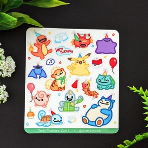 May include: A sheet of stickers featuring various Pokemon characters wearing party hats. The characters include Pikachu, Bulbasaur, Charmander, Squirtle, and more. The stickers are colorful and fun, perfect for adding a touch of whimsy to any project. The text on the sheet reads "Party Pokemon Gen 1 - @drawnbypook".