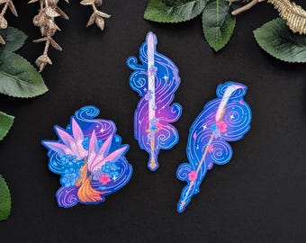 KPop Demon Hunters Weapons Vinyl Stickers |  Huntrix Rumi, Mira, Zoey Illustrated Floral Swords | Water-resistant Animation Decals