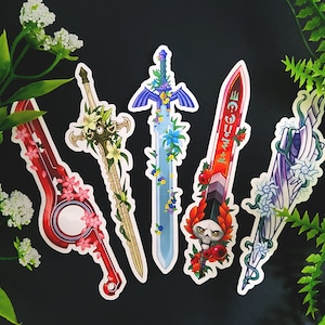 Autocollants floraux en vinyle imperméables épée de jeu vidéo - BotW/TotK, Fe3H, Xenoblade, Hollow Knight, Hadès