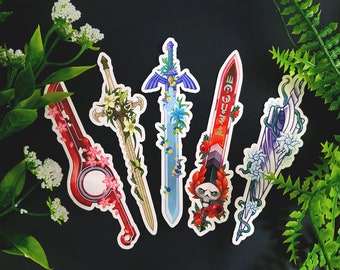 Floral Video Game Sword Waterproof Vinyl Stickers - BotW/TotK, Fe3H, Xenoblade, Hollow Knight, Hades Beautiful Floral Swords