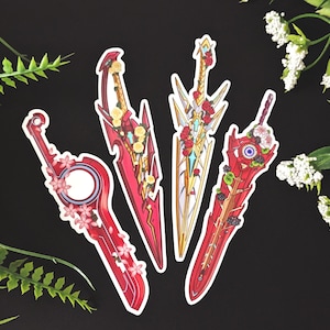 Floral Xenoblade Chronicles Swords Waterproof Vinyl Stickers - XBC 1, 2, 3 Monado, Pyra & Mythra Aegis Swords, and Noah's Veiled Sword