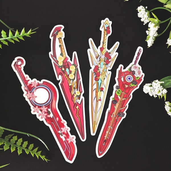 Floral Xenoblade Chronicles Swords Waterproof Vinyl Stickers - XBC 1, 2, 3 Monado, Pyra & Mythra Aegis Swords, and Noah's Veiled Sword