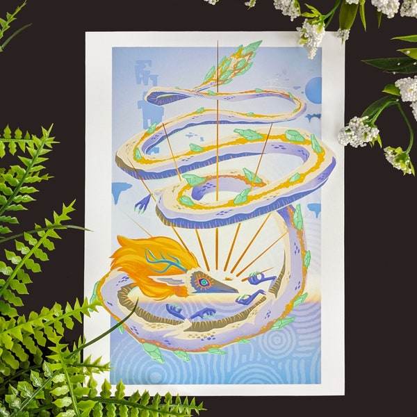 Zelda TotK Year of the Dragon 5"x7" Prints - Tears of the Kingdom Light Dragon and Link Sky Diving over Hyrule Postcard Painting Mini Print