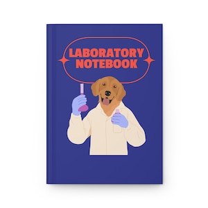 May include: A blue notebook cover with a speech bubble that says "Laboratory Notebook". A cartoon golden retriever wearing a white lab coat and blue gloves holds a beaker and a flask.