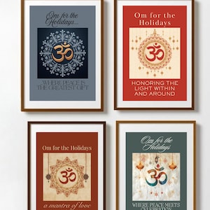 May include: Four framed art prints with brown frames. Each print features the Om symbol and text. The prints have different background colors: gray, red, brown, and green. The text includes phrases like "Om for the Holidays" and "Where peace is the greatest gift."
