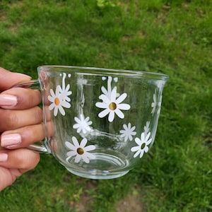Clear Glass Daisy Mug: Handmade Coffee Cup Gift (18oz)