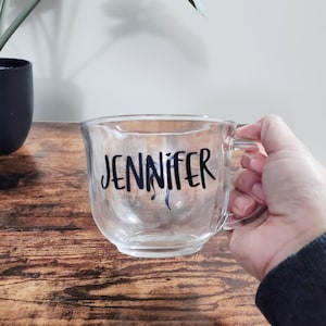 Personalized Glass Coffee Mug: Black Bow Design, Custom Name