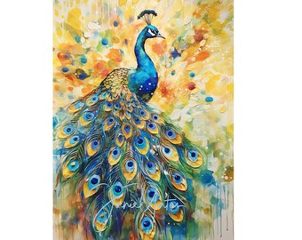 Aquarel pauw op paletmes gele splash digitale download afdrukbare kunst
