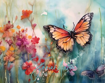 Wildflowers Large Butterfly Vibrant Watercolor Digital Download Printable Art