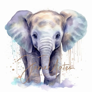 Baby Elephant Jungle Safari Neutral Watercolor Print Digital Printable Wall Art