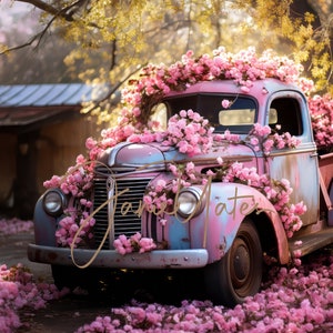 Old Antique Pink Truck and Pink Flower Blossoms on the Farm Digital Download Printable Art