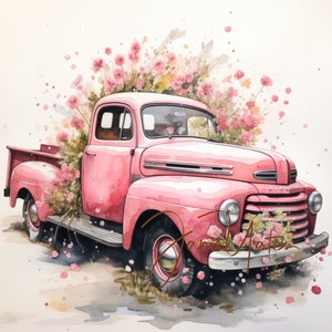 Watercolor Sketch of Old Pink Truck with Pink Flowers Digital Download Printable Wall Art