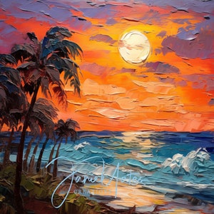 Playa caribeña Pintura acrílica vibrante Cuchillo Imprimir Arte de pared imprimible digital