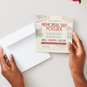 May include: A cream-colored invitation card with red and blue text announcing a Memorial Day Potluck. The text reads "You're Invited to our MEMORIAL DAY POTLUCK Join us and celebrate Memorial Day with family and friends! MAY 29th, 2023 1:00 P.M. BBQ - BURGERS - BOOZE Please bring a dish or beverages to enjoy!"