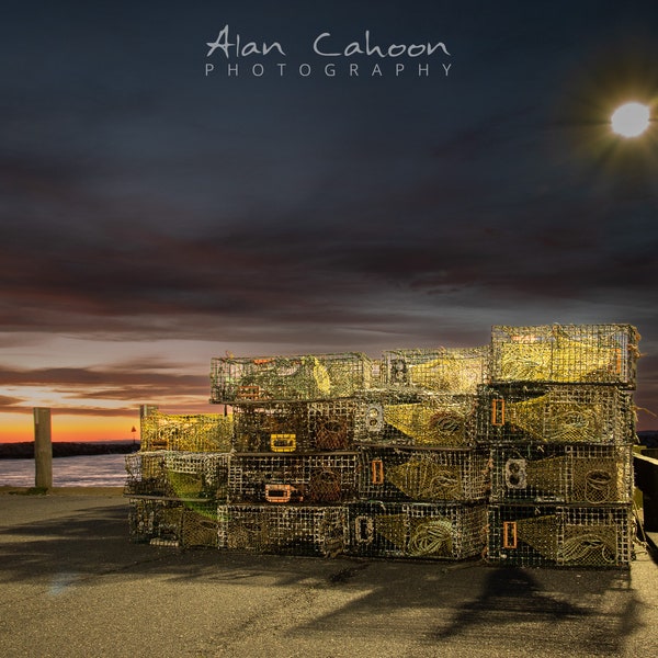 Photographie de coucher de soleil dans un casier de homard, Menemsha, Martha's Vineyard