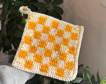 Checkered Handmade Crochet Potholder with Loop
