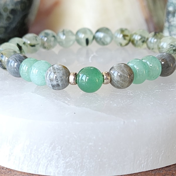 Green Aventurine | Gray Labradorite Bracelet | Rutilated Prehnite Bracelet | Luck Bracelet | Uplifting Bracelet | Bracelet for Success