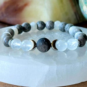 Celestial Embrace | 10mm Silver Obsidian Moon | Moonstone | Map Stone | Intuition | Balance | Calmness | Divine Feminine Energy | Strength