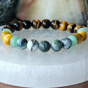 Bountiful Blessings | Pyrite in Jade | Green Aventurine | Golden Tigers Eye | Tigers Eye | Abundance | Success | Opportunity | Wealth | 8mm