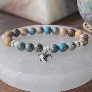 Sea Turtle Charm Bracelet - Sea Sediment Jasper, Fossil Coral & Mother of Pearl | Wisdom | Patience | 8mm Beads