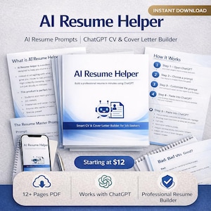 May include: An AI Resume Helper product with the title "AI Resume Helper" and the tagline "Build a professional resume in minutes using ChatGPT." The image includes a phone, a notebook, and several pages of information. The product is a Smart CV & Cover Letter Builder for job seekers.