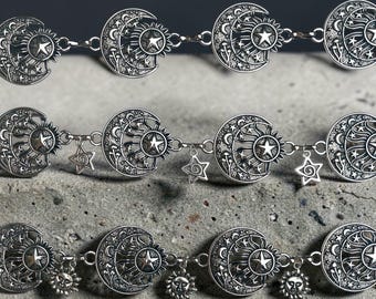 Metall Halbmond und Stern Gürtel, Vintage Vibe Kostüm Schmuck, Taille Kette Gürtel, Fairy Kern Celestial Design Gürtel, Sonne Mond Metall Gürtel
